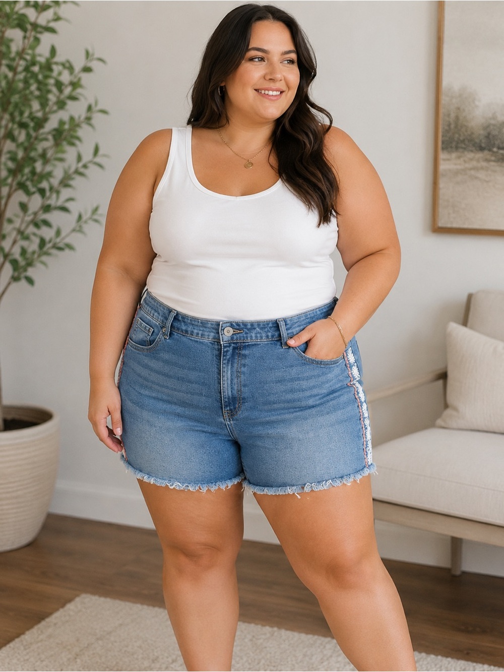 Plus Size Embroidered Denim Shorts with Frayed Hem